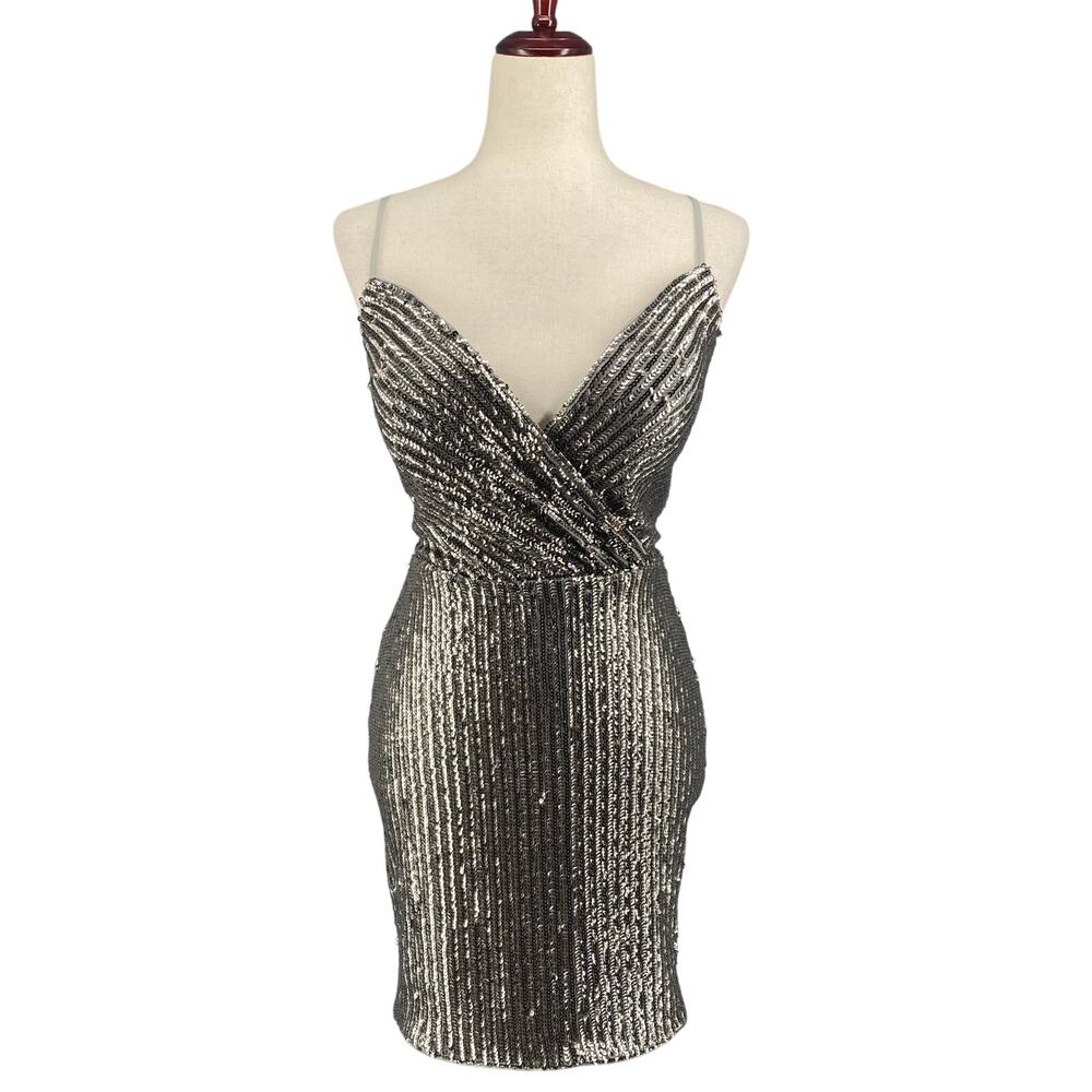 La Femme Sequin Mini Dress 2 Silver Open Back Deep Sweetheart Neckline Evening